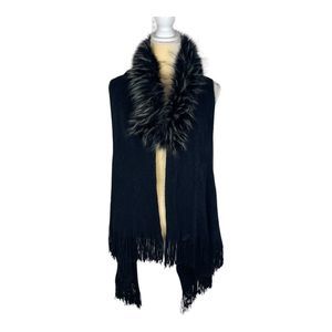 Kensie Black Vest with Faux Fur Trim‎ Fringe at Hem One Size NWT